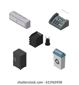 Isometric Work Set Of Wall Cooler, Desk File Rack, Strongbox And Other Vector Objects. Also Includes Junk, Bin, Cooler Elements.