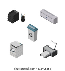 Isometric Work Set Of Wall Cooler, Scanner, Printing Machine And Other Vector Objects. Also Includes Tray, Air Elements.