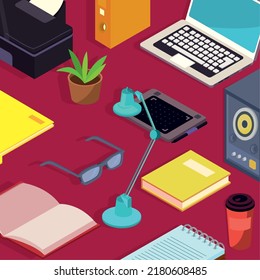 Isometric Work Space Card With Tools