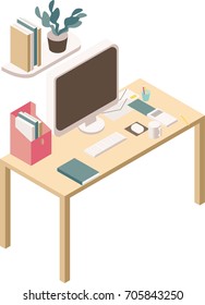 isometric work space with computer, books, plant and note
