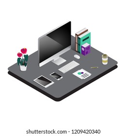 Isometric work space concept on white background, Vector Illustration