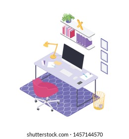 Isometric work space on white. Vector illustration in flat design, isolated.