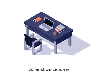 mesa de trabajo isométrico portátil silla de libro de vidrio aislado ilustración vectorial