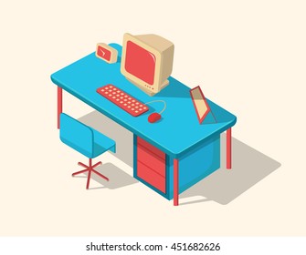 Isometric work table vector illustration with computer, calendar, clock.
