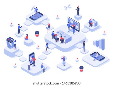 Isometric work team. Cloud workplaces platforms, modern teams workflow process and development company startup. Business technology work achievements, cowork offices 3d vector illustration