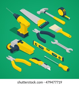 Isometric Work Tools Set With Drill Screwdriver Level And Hammer. Vector Illustration