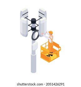 Isometric worker fixing telecommunication tower on white background 3d vector illustration