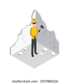 Isometric worker. Home repair isometric form with craftsman dismantling the wall . Professional people with equipment engaged in their professional activities
