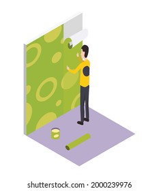 Isometric worker. Home repair isometric form with craftsman pasting wallpaper. Professional people with equipment engaged in their professional activities