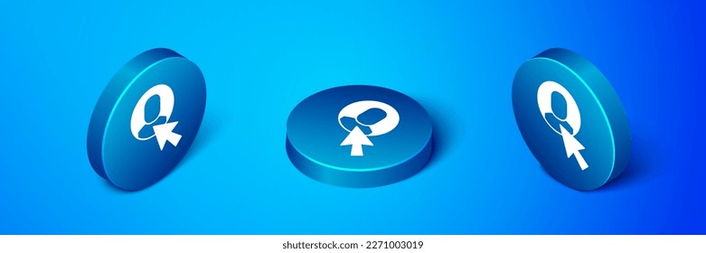 Isometric Worker icono aislado en fondo azul. Icono de perfil de usuario de símbolo de avatar comercial. Firma de usuario masculino. Botón de círculo azul. Vector