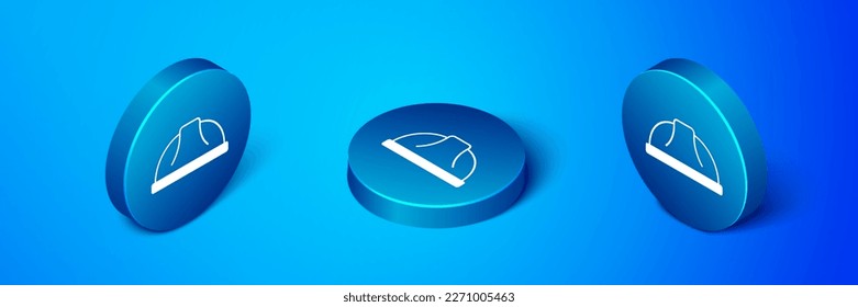 Isometric Worker safety helmet icon isolated on blue background. Blue circle button. Vector
