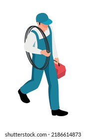 Isometric worker in uniform carrying wire rope and tool kit 3d vector illustration