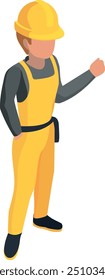Isometric worker in yellow hard hat. Architect character