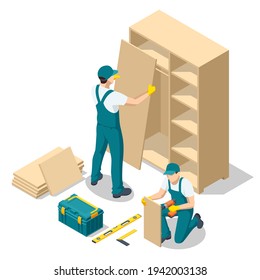 Isometric workers of manufacture with professional tools during furniture assembly. Furniture assembly concept