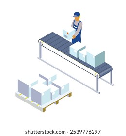 Trabalhadores isométricos em correias transportadoras. Conceito de serviço de entrega. Parcelas em transportador. ilustrações vetoriais.