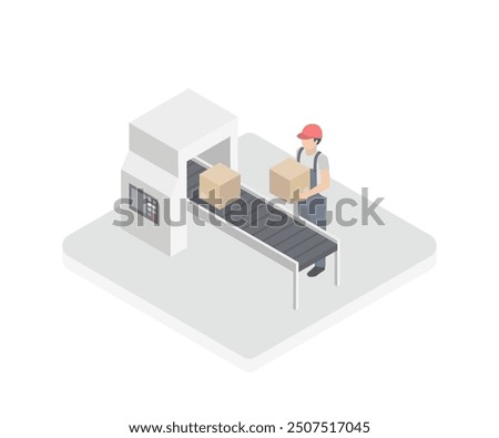 Isometric workers on conveyor belt. Delivery service concept. Parcels on conveyor.