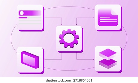 Isometric Workflow Automation Diagram – Violet Gear and Digital Data Icons | UI UX Illustration
