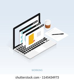 isometric working email laptop notifications vector