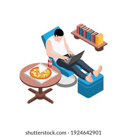 Composición asimétrica del hogar de trabajo con el hombre sentado en un sillón con ilustración vectorial de laptop y pizza