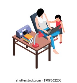 Isometric working home composition with view of domestic workplace and woman with small daughter vector illustration