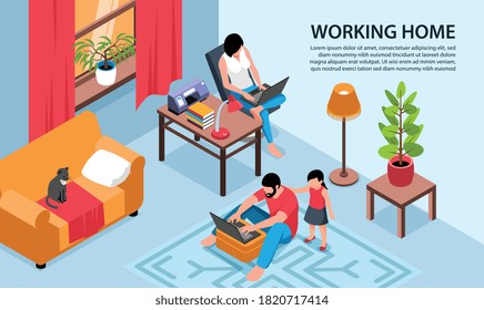 Isometric working home horizontal background composition with living room scenery and parents with laptops and text vector illustration 