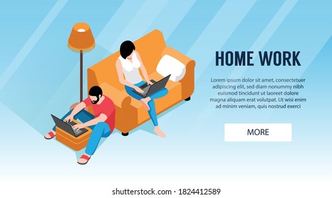 Isometric working home horizontal banner with text more button and couple with laptops on soft furniture vector illustration