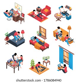 Isometric working home set with isolated compositions of room interior workspace elements and people with laptops vector illustration