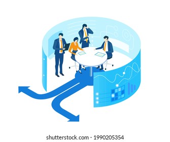 Isometric working space, business people working together in server room, generating fresh content and new ideas. Isometric 3D business environment. Business management infographic. 