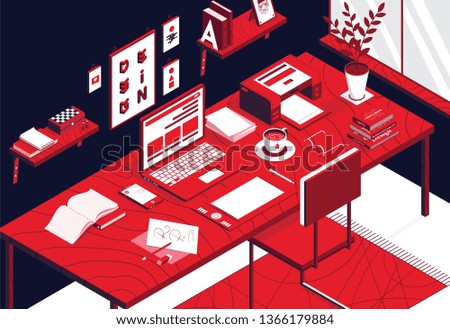 Isometric working space is a vector illustration about how an office desk can be.
