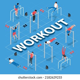 Isometric Workout Flowchart With Men Doing Exercises On Bars Against Blue Background 3d Vector Illustration