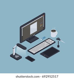 Isometric workplace background with desktop computer display keyboard graphic tablet smartphone scissors and coffee cup images vector illustration