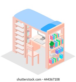 Isometric workplace for child.  Loft bed with table, chair and books. 