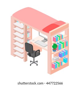 Isometric workplace for child. child Room. Loft bed with table chair and books. Flat 3D illustration. Set of object.