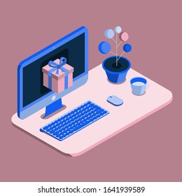 Isometric workplace with a computer and gift box. Online shopping