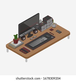 Isometric workplace concept with computer, mobile phone, laptop and office equipment. Vector illustration. Student isometric desk with different things with cactus, mouse and books.