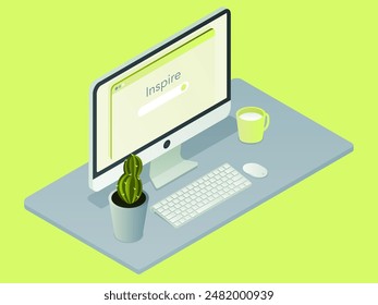 An isometric workplace containing a grey table, a modern computer monitor with an open browser window and the text "Inspire", a cup with milk, a cactus in a flower pot on the lime green background.