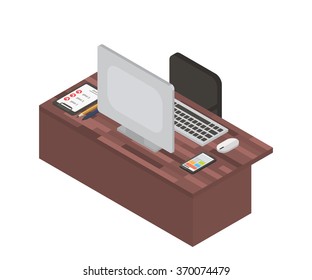 Isometric workplace with desk, computer and chair. Vector 3d illustration