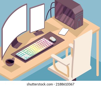 isometric workplace with desktop scene
