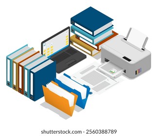 Isometric workplace of an employee of archive, accounting, or personnel department. Organization of storage and ordering of documents. Realistic 3D vector isolated on white background