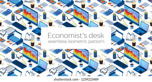 Isometric workplace for employee.  Desk with laptop, mobile phone, calculator, coffee cup, printer, smart phone, pc and eyeglasses isolated on white background. Vector isometric seamless pattern