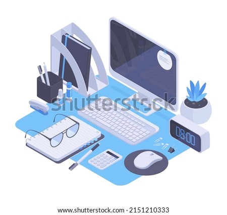 Isometric workplace, freelancer desk with notebook, headphones, keyboard and laptop. Creative workspace, computer, mouse and stationery vector symbols illustration. Home office desk