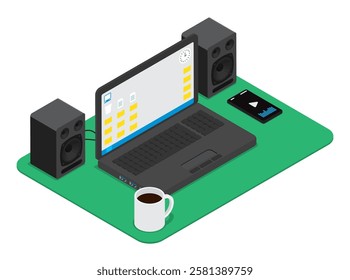 Isometric workplace of a home user who loves listening to music. Smartphone streams music track list to portable laptop with speakers. Realistic 3D vector concept isolated on white background