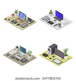 Lugar de trabajo isométrico ilustrado sobre fondo blanco