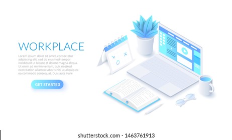 Isometric workplace illustration with laptop. Landing page template.