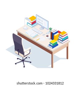 Isometric workplace isolated on white background. 3d table with piles of books, computer, armchair and lamp. Education concept. Vector illustration.
