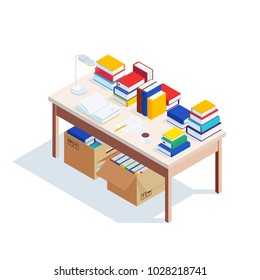 Isometric workplace isolated on white background. 3d table with piles of books and lamp. Education concept. Vector illustration.