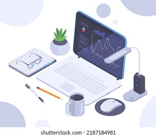 Isometric workplace with laptop, notebook and office supplies. Office workspace, business equipment, personal planner and 3d stationery vector illustration. Modern desk workplace