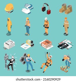 Isometric Workplace Safety Set With Personal Protective Equipment Workers Documents Accidents At Work Isolated On Color Background 3d Vector Illustration