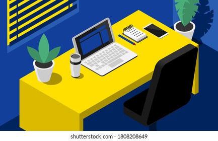 Isometric workplace vector illustration. Office workspace with desk, laptop, smartphone and other elements.