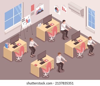 Isometric workplace workout composition four employees have temporarily left their workplaces and are exercising vector illustration